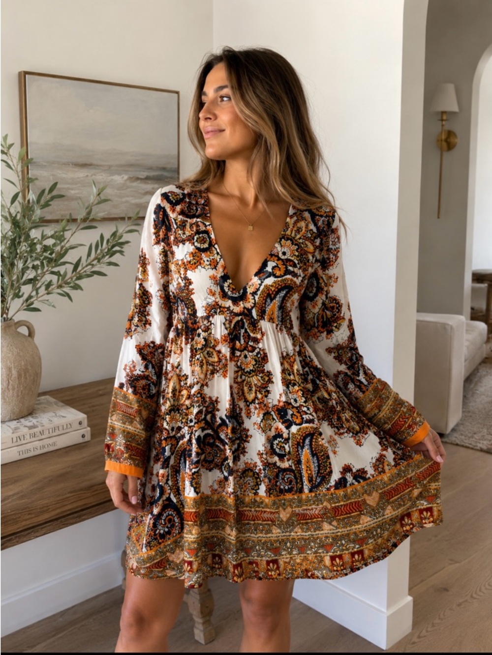 FREE PEOPLE Boho Paisley V-Neck Mini Dress in Cream, Rust, Orange, Navy,